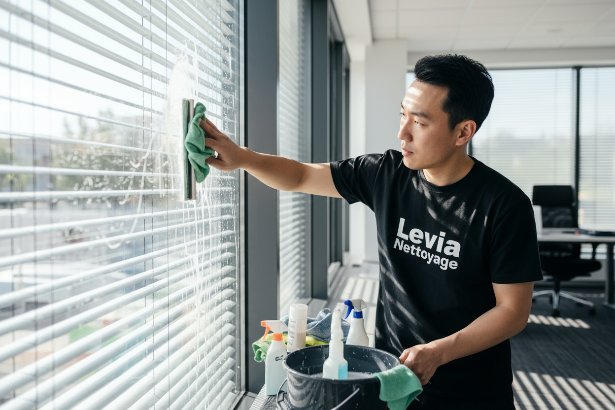 make a image of a asian person cleaning Lavage de vitres et stores with black tshirt saying levia nettoyage 