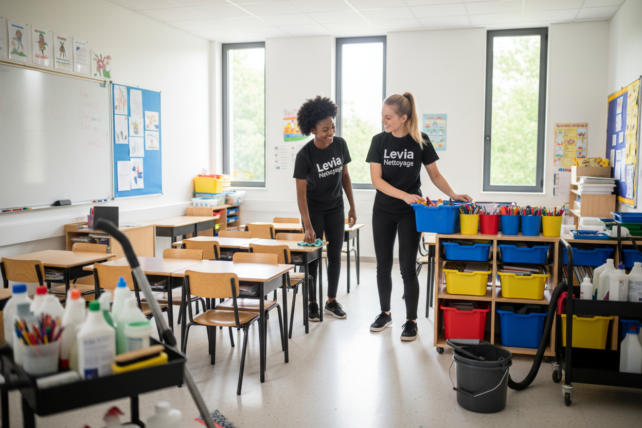 make a image of Nettoyage d’écoles, universités et milieux scolaires with 1 black women and 1 blond white women cleaing with black thsirt saying levia nettoyage