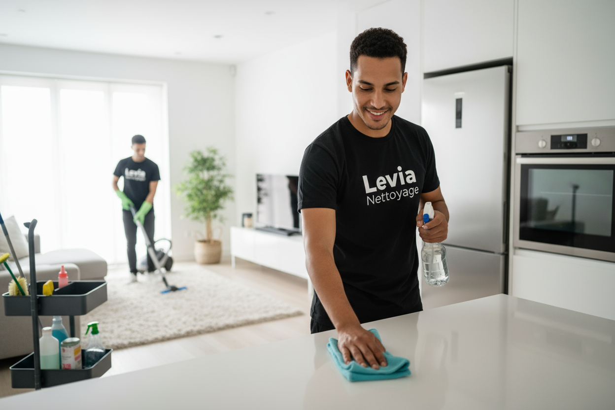 make a image of Nettoyage à domicile régulier with levia nettoyage written on a black tshirt