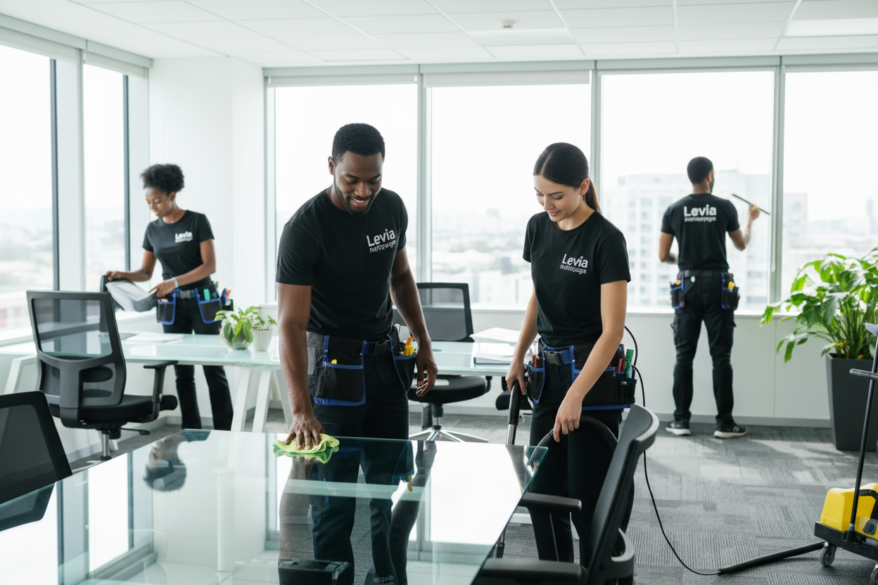 make a image of Nettoyage pour les entreprises with black and white people working with black thsirts saying levia nettoyage